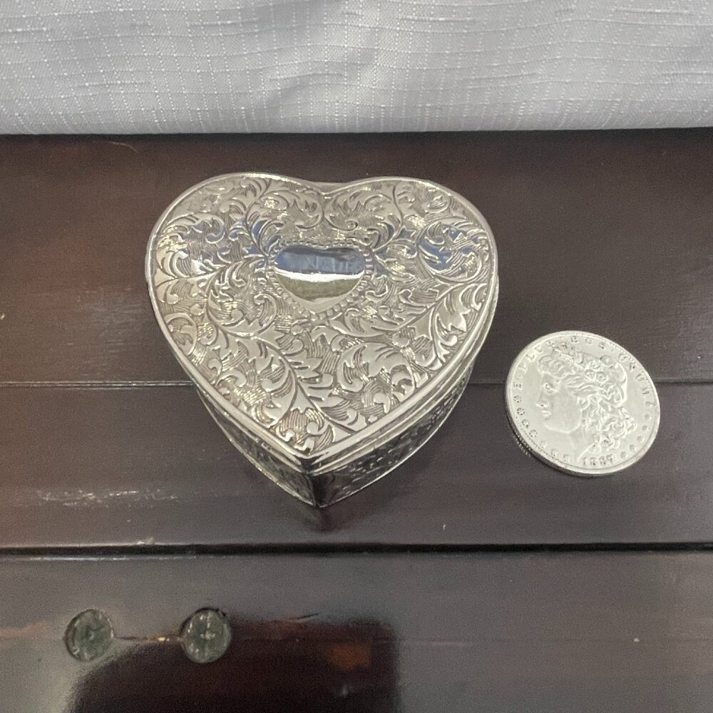 silver plated heart shaped trinket box